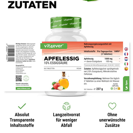 Ābolu sidra etiķis - 365 tabletes - augsta deva ar 1000 mg dienā - ar 10% ābolu etiķskābes - 6 mēnešu krājumi - bez nevēlamām piedevām - vegāns