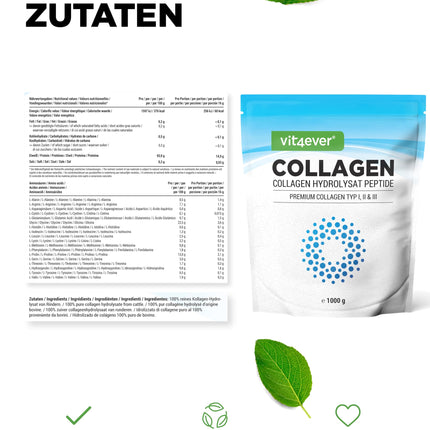 Kolagēna pulveris 1000 g - 100% bioaktīvi kolagēna hidrolizāta peptīdi - 1., 2. un 3. tipa kolagēns - bez garšas - bez piedevām
