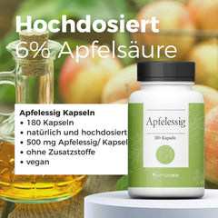 Phytochem ābolu sidra etiķis 180 kapsulas, augsta deva ar 500 mg ābolu sidra etiķa pulvera vienā kapsulā, vegāns un bez piedevām, laboratorijā pārbaudīts, 3 mēnešu krājums