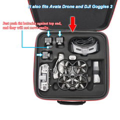 RLSOCO pārnēsāšanas soma DJI FPV Combo/Avata Pro dronam — piemērota FPV/Avata piederumiem: drona korpusam, FPV brillēm V2, tālvadības pultij, kustību kontrolierim, aprocēm, lādētājam un 4 baterijām (vienai drona korpusā).