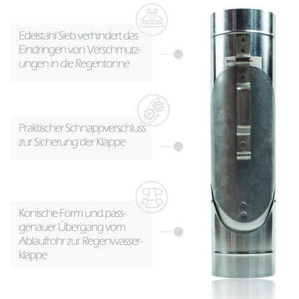 Frank Bauelemente cinka notekcaurules atloks 100 mm ar nerūsējošā tērauda sietu - titāna cinka notekcaurules atloks kā lietus ūdens savācējs, vienkārša uzstādīšana, pateicoties koniskajai formai un precīzai pārejai