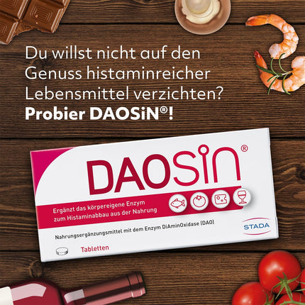 DAOSiN tabletes organisma DAO enzīma papildināšanai histamīna sadalīšanai no pārtikas, klīniski pārbaudītas, vairāk nekā 90% ieteicamā deva - 120 tabletes