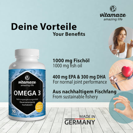 Omega 3 kapsulas, augsta deva, 400 mg EPA un 300 mg DHA triglicerīdu veidā 3 mēnešiem, 1 kapsula dienā, 1000 mg zivju eļļas no ilgtspējīgas zvejas, visaugstākā biopieejamība, ražots Vācijā