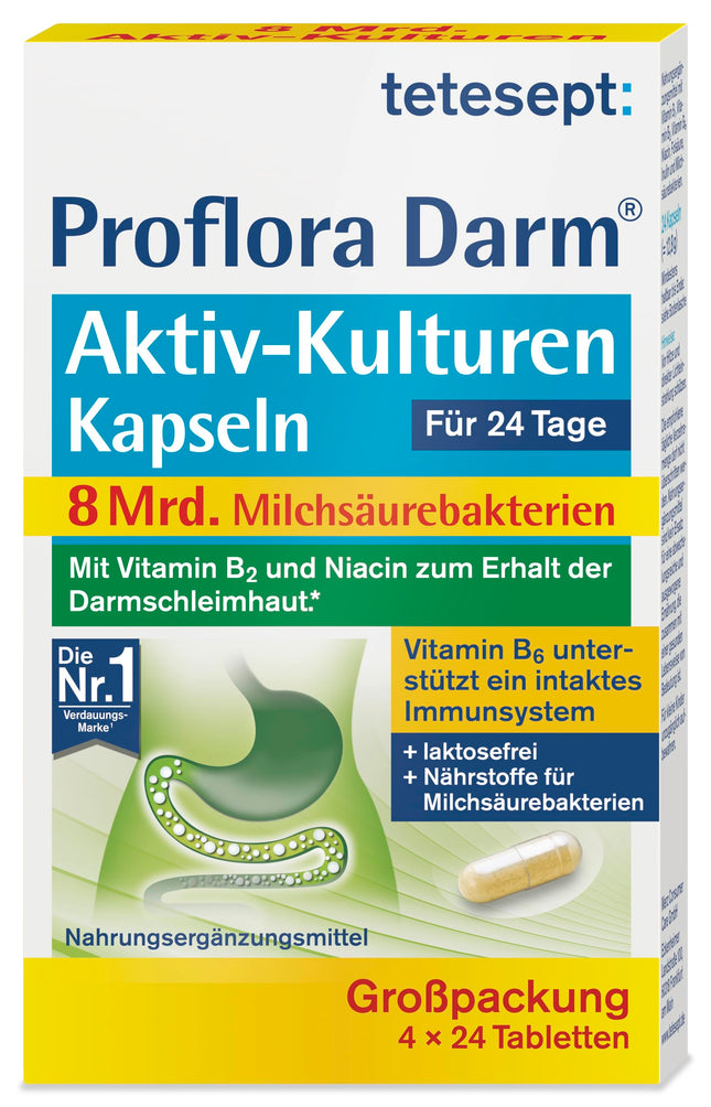 tetesept Proflora zarnu aktīvo kultūru kapsulas – 4 x 24 kapsulas – uztura bagātinātājs ar 8 miljardiem pienskābes baktēriju, vitamīniem un inulīnu – liels iepakojums