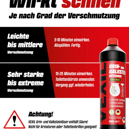 VEXIL® urīnakmeņu noņēmējs ĪPAŠI SPĒCĪGS - 1000 ml - bez piepūles noņem spītīgu urīnu un kaļķakmeni - Profesionāls tualetes tīrīšanas līdzeklis - bioloģiski noārdāms - Urīnakmeņu noņēmējs Ražots Vācijā