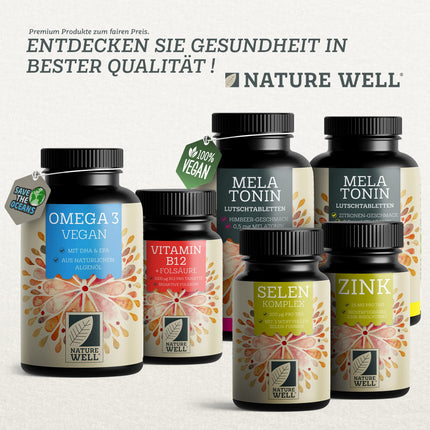 Omega-3 vegāns 60 kapsulas, augsta deva, 2000 mg Omega-3 aļģu eļļas dienā ar 600 mg DHA un 300 mg EPA, vegāna omega no ilgtspējīgas audzēšanas kā zivju eļļas alternatīva, laboratorijā pārbaudīta ar sertifikātu, NatureWell