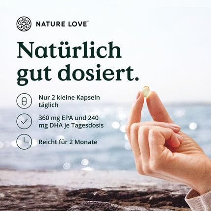 Omega 3 — augsta deva ar 650 mg Omega 3 taukskābēm vienā dienas devā — 120 mazas kapsulas ar augstākās kvalitātes izejvielām AlaskOmega® (MSC sertificēts) — ražots Vācijā bez piedevām