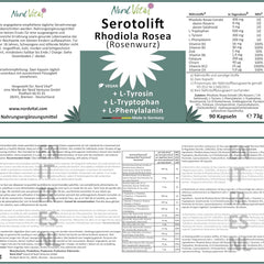 Nord Vital Serotolift - serotonīna un dopamīna prekursori - Rhodiola Rosea, L-triptofāns, L-tirozīns, L-fenilalanīns, hroms, cinks, vitamīni D3, B5, B6, B9 un B12 - vegāns - ražots Vācijā