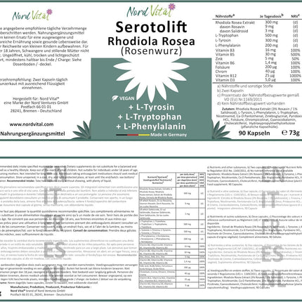 Nord Vital Serotolift - serotonīna un dopamīna prekursori - Rhodiola Rosea, L-triptofāns, L-tirozīns, L-fenilalanīns, hroms, cinks, vitamīni D3, B5, B6, B9 un B12 - vegāns - ražots Vācijā
