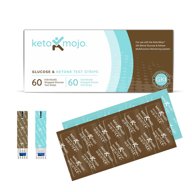 KETO-MOJO testa strēmeļu komplekts TIKAI lietošanai ar GKI mērītāju | 60 cukura līmenis asinīs + 60 ketonvielu līmenis asinīs (120 ct)
