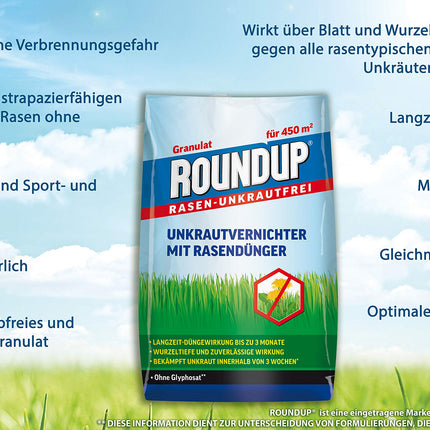 Roundup zāliena mēslojums bez nezālēm, 9 kg, 2-in-1, nezāļu iznīcinātājs plus mēslojums ar 100 dienu ilgstošu iedarbību 450 m² platībai