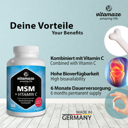 MSM kapsulas + C vitamīns, augsta deva, 360 kapsulas 6 mēnešiem, 1334 mg organiskā sēra pulvera dienā, 99,9% tīrs metilsulfonilmetāns, uztura bagātinātājs bez piedevām, ražots Vācijā