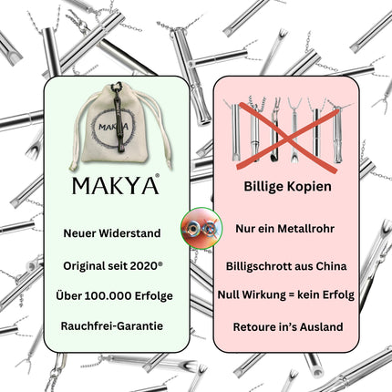 Makya V2 – Smēķēšanas atmešanas līdzeklis – VAIRĀK IZTURĪBAS – Bez nikotīna un ķīmiskām vielām – Imitē smēķēšanas sajūtu – Izstrādāts sadarbībā ar pulmonologiem – Stresa mazināšanai un elpošanas treniņiem – Nerūsējošā tērauda kaklarota