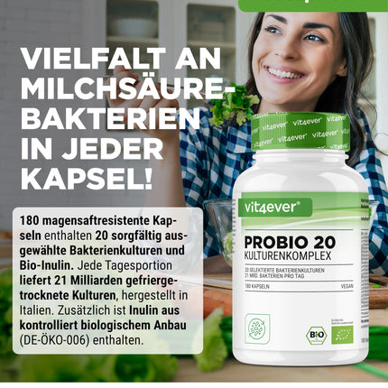 Probio 20 - Kultūru komplekss ar 20 baktēriju celmiem + organisko inulīnu - 180 kuņģa sulu izturīgas kapsulas Bright JC Caps® - 21 miljards pienskābes baktēriju vienā dienas devā - Augsta deva - Vegāns -