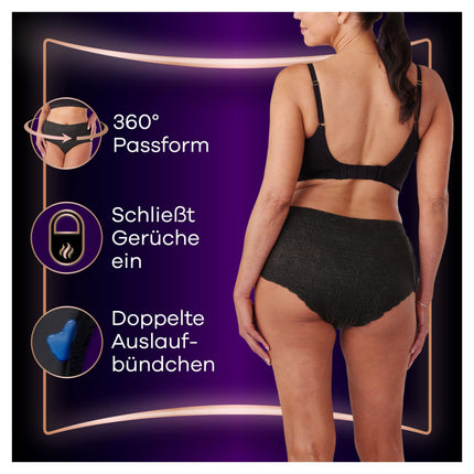 Always Discreet Boutique biksītes urīna nesaturēšanai M izmērs (9 biksītes) sievietēm, urīnpūšļa vājuma gadījumā, absorbē smakas un mitrumu, novērš noplūdes, melnas (iepakojums var atšķirties)