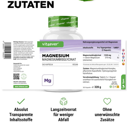 Magnija bisglicināts - 365 kapsulas - Premium: Helatēts magnijs - 155 mg elementārā magnija vienā kapsulā - Laboratorijā pārbaudīts - Vegāns - Augsta deva