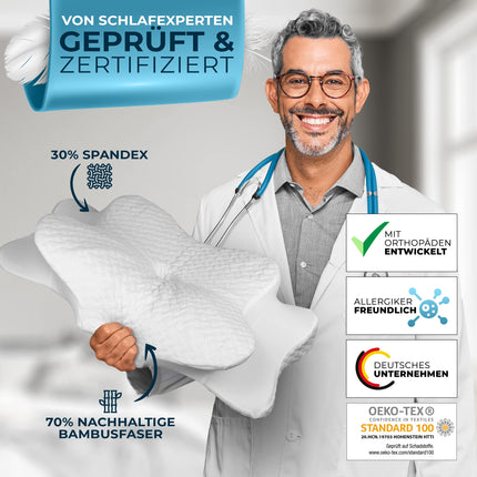 Glückstoff® ortopēdiskais spilvens (sertificēts visiem miega veidiem) Memory Foam spilvens kakla sāpēm | Kakla atbalsta spilvens Ergonomisks galvas spilvens Sānu guļamvietas spilvens Balts