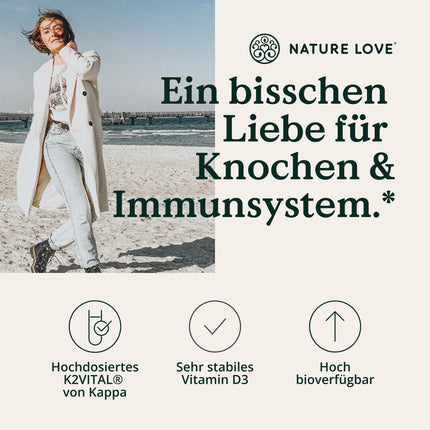 D3 vitamīns + K2 (50 ml) — augsta biopieejamība, pateicoties oriģinālajam K2VITAL® 99,7 % trans — laboratoriski pārbaudīts 1000 SV D3 vitamīna vienā pilienā (1700 pilieni ar D vitamīnu + K vitamīnu) — MCT eļļā — augsta deva