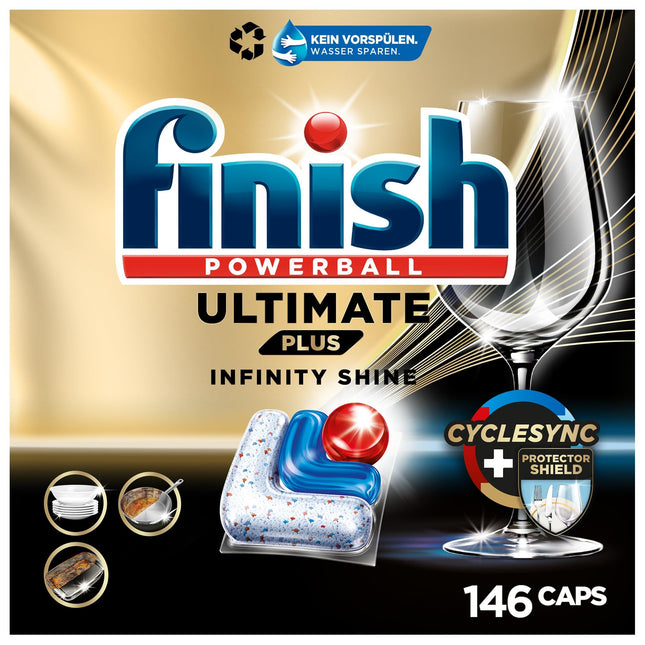 Finish Ultimate Plus Infinity Shine trauku mazgājamās mašīnas tabletes – trauku mazgājamās mašīnas tabletes intensīvai tīrīšanai, tauku šķelšanas jaudai un spīdumam ar aizsargvairogu – 2 x 73 kapsulas