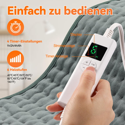 Sildīšanas paliktnis ar automātisku izslēgšanos, 30x60 cm elektriskais sildīšanas paliktnis ar 4 stundu taimeri un 6 siltuma iestatījumiem, sildīšanas paliktnis ar digitālu tālvadības pulti, mašīnā mazgājams sildīšanas paliktnis mugurai, pelēks