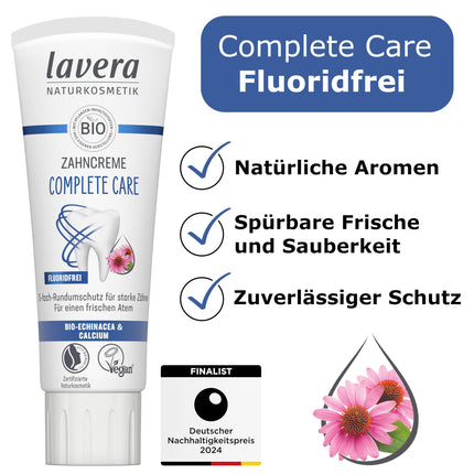 Lavera zobu pasta Complete Care bez fluorīda - 5 reizes lielāka aizsardzība - Organiskas augu sastāvdaļas - Organiska ehinācija un kalcijs - Vegāns - Dabīgā kosmētika - 75 ml