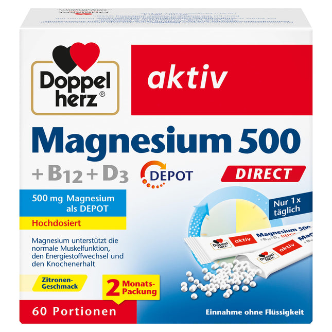 Doppelherz Magnijs 500 + B12 + D3 TIEŠI ar DEPOT funkciju - Magnijs veicina normālu muskuļu un nervu sistēmas darbību - 60 porcijas mikrogranulu ar citrona garšu