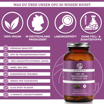 QIDOSHA® Premium OPC vīnogu kauliņu ekstrakts ar augstu devu I TESTA UZVARĒTĀJS 08/2023* I 240 kapsulas burciņā I Vīnogu kauliņu ekstrakta kapsulas ar augstu devu ar 60% tīra OPC I Vegāns