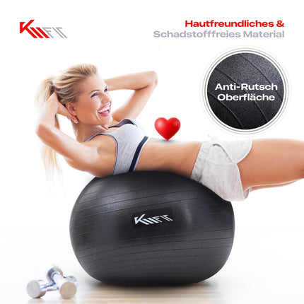 KM-Fit vingrošanas bumba 75 cm | Treniņu bumba ar gaisa pumpi | Biroja pretplīsuma bumba | Bumba fitnesam, jogai, vingrošanai, korsetes treniņiem | Pezziball jogas bumba bez BPA | Melns