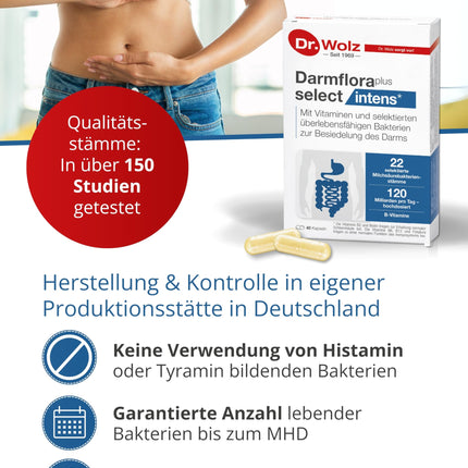 Dr. Wolz Darmflora plus select intens - 80 augstas devas kapsulas - 22 pienskābes baktēriju celmi - 120 miljardi baktēriju kultūru dienā - zarnu gļotādai un imūnsistēmai* - zarnu trakta ārstēšanai