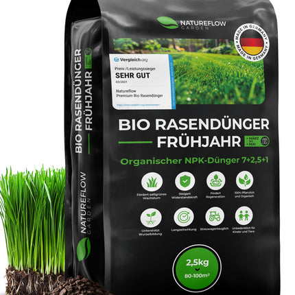 Organiskais zāliena mēslojums pavasara TESTA UZVARĒTĀJS Ražots Vācijā – 2,5 kg uz 100 kv.m – Organiskais zāliena mēslojums veselīgai augsnei un sulīgi zaļam zālienam – Zāliena mēslojums, pavasara zāliena mēslojums no Natureflow Garden