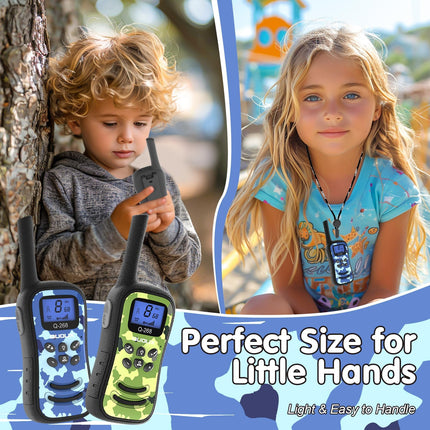 QUOLIX WalkieTalkie Kids, uzlādējama rācija ar 24 stundu sarunu laiku, 3 km diapazonu, 8 kanāli un 99 kodi, LED lukturītis, maskēšanās dizaina rācijas āra aktivitātēm, kempingam, pārgājieniem (4 krāsas)