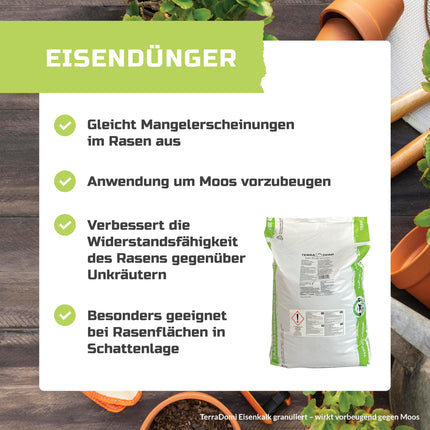 TerraDomi dzelzs mēslojums 25 kg apm. 1000 m² | Turbomēslojums, kas pielāgots zālieniem ar sūnām | Granulēts, piemērots izkliedētājiem un bez putekļiem