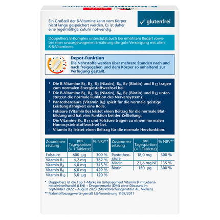 Doppelherz B-Complex DEPOT ar folskābi - B vitamīni veicina normālu nervu sistēmas darbību un normālu enerģijas metabolismu - 45 tabletes