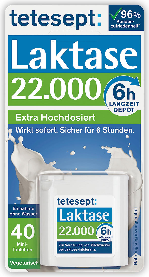 tetesept Lactase 22 000 – laktāzes tabletes laktozes nepanesības gadījumā – uztura bagātinātājs ar tūlītēju iedarbību un 6 stundu ilgstošu depo – 1 bundža ar 40 tabletēm