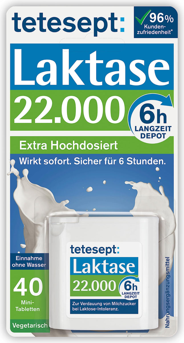 tetesept Lactase 22 000 – laktāzes tabletes laktozes nepanesības gadījumā – uztura bagātinātājs ar tūlītēju iedarbību un 6 stundu ilgstošu depo – 1 bundža ar 40 tabletēm