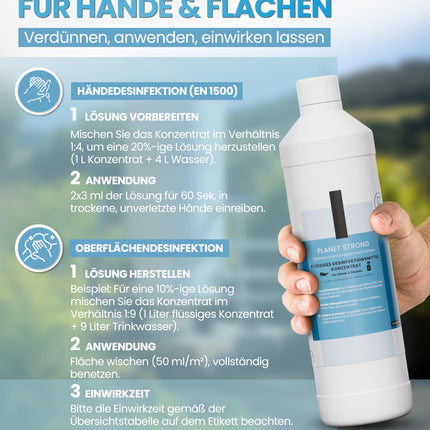 Planet Strong® - 1 l bezalkoholisks dezinfekcijas koncentrāts rokām, virsmām un ādai - Pret baktērijām, vīrusiem, sporām, sēnītēm, raugu, pelējumu un nepatīkamām smakām | Pudele (Halal un Kosher)