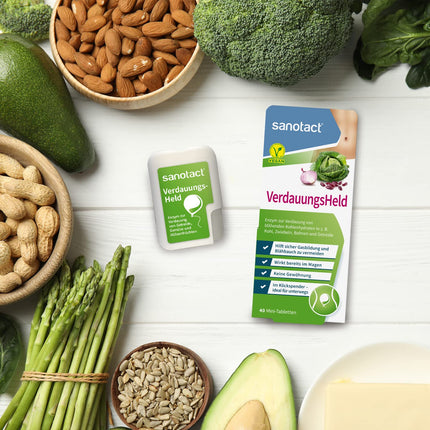 sanotact Digestive Hero (40 mini tabletes) • Pret vēdera uzpūšanos, meteorismu, pilnuma sajūtu. Gremošanas tabletes dozatorā ar klikšķi lietošanai ceļā. • Atbalsta gremošanu.