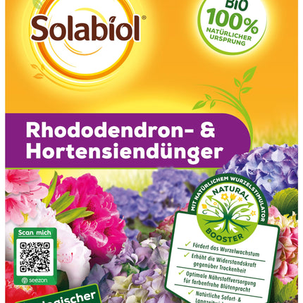 Solabiol rododendru un hortenziju mēslojums, īpašs mēslojums ar tūlītēju un ilgtermiņa iedarbību rododendriem, hortenzijām un citiem purva augiem, 1,5 kg
