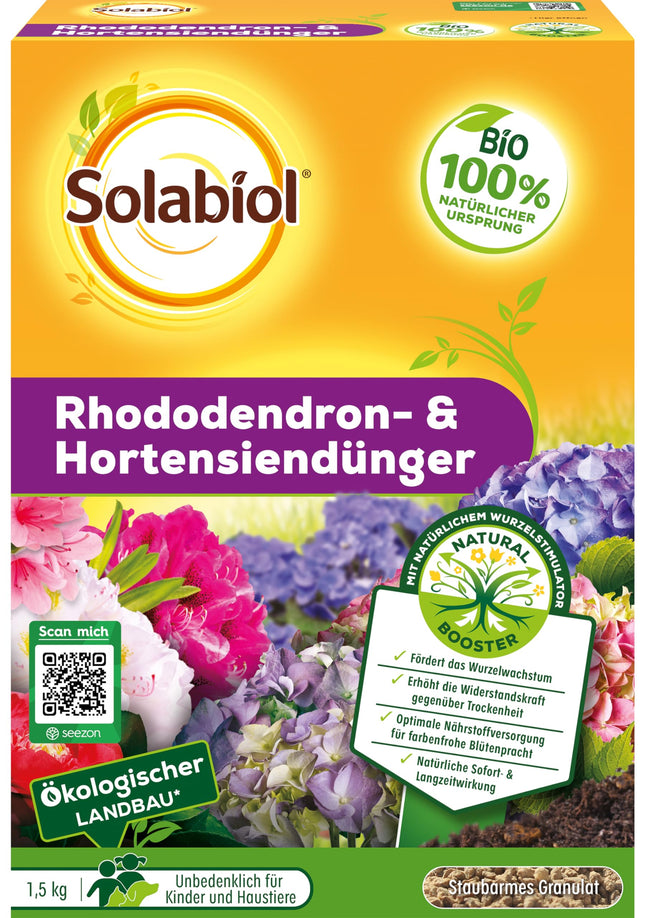 Solabiol rododendru un hortenziju mēslojums, īpašs mēslojums ar tūlītēju un ilgtermiņa iedarbību rododendriem, hortenzijām un citiem purva augiem, 1,5 kg