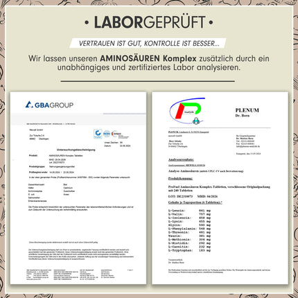 Augstas devas aminoskābju komplekss - 240 tabletes - 6000 mg aminoskābju dienā - 9 neaizvietojamās aminoskābes + 3 kofaktori: taurīns, karnitīns un glicīns - laboratoriski pārbaudīts ar sertifikātu - 100% vegāns