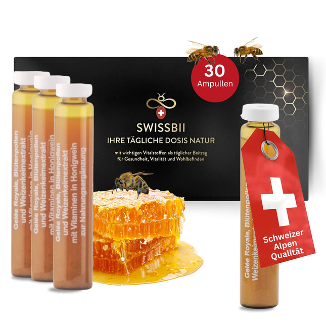 SwissBii peru pieniņa ampulu mēneša iepakojums – 100% tīri, dabīgi un augstas kvalitātes vitamīni. Enerģijas, imunitātes un ādas veselības atbalstam - ar medus vīnu
