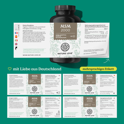 NATURE LOVE® MSM 2000 mg ar C vitamīnu - 365 laboratoriski pārbaudītas tabletes - Kompaktāks MSM pulveris nekā kapsulās - Bez piedevām, augsta deva, vegāns, ražots Vācijā