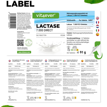 Laktāzes 7000–365 tabletes ar tūlītēju iedarbību — augsta deva ar 7000 FCC vienībām — laktozes un piena nepanesības gadījumā — bez nevēlamām piedevām — laboratoriski pārbaudītas — vegānas