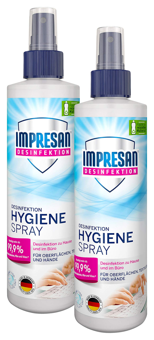 Impresan higiēnas aerosols: dezinfekcijas līdzeklis virsmām un tekstilizstrādājumiem - dezinfekcijas sūkņa aerosols - 2 x 250 ml praktiskā izdevīgā iepakojumā