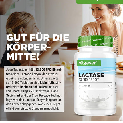 Lactase 13,000 Depot - 365 tabletes ar depo efektu (Sepismart® Slow Release) - Augsta deva ar 13 000 FCC vienībām - Laktozes un piena nepanesības gadījumā - Bez nevēlamām piedevām