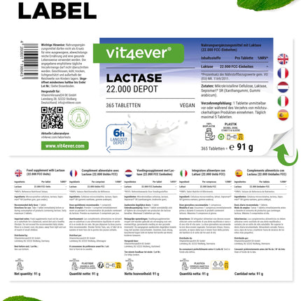 Lactase 22,000 Depot - 365 tabletes ar depo efektu (Sepismart® Slow Release) - Augsta deva ar 22 000 FCC vienībām - Laktozes un piena nepanesības gadījumā - Bez nevēlamām piedevām