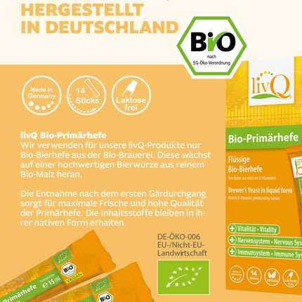 livQ Organic Primary Yeast Pure - superēdiena imunitāti stiprinošs šķidrums, organisks alus raugs no primārās fermentācijas ar B vitamīniem, atsvaidzinošs, vegāns un bez laktozes | 210 ml