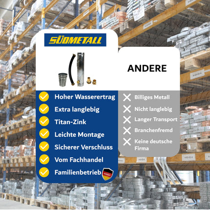 SÜDMETALL - 3-vienā cinka lietus ūdens savācējs un lapu savācējs 100 mm pilna sistēma - Īpaši augsta ūdens atdeve, apm. 95% - Notekcaurules/drenāžas caurules kombinācija, kas sastāv no ūdens savācēja, lietus caurules atloka un lapu uztvērēja