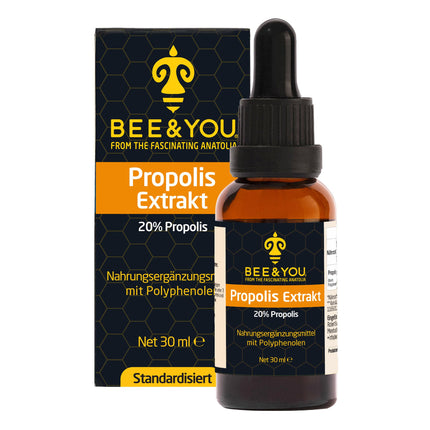 BEE&amp;YOU propolisa tinktūra, propolisa pilieni 20% (30ml) standartizēti, piedevas, propolisa ekstrakts, kas bagāts ar labvēlīgajiem polifenoliem un flavonoīdiem, pievienojams muslim un jogurtam.