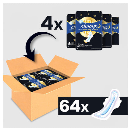 Always Ultra higiēniskās paketes sievietēm, 5. izmērs, Secure Night Extra, 64 higiēniskās paketes ar spārniņiem (4 x 16 gab.), daudzpakā, plānas un īpaši absorbējošas, neitralizē smakas un aizsargā pret noplūdēm